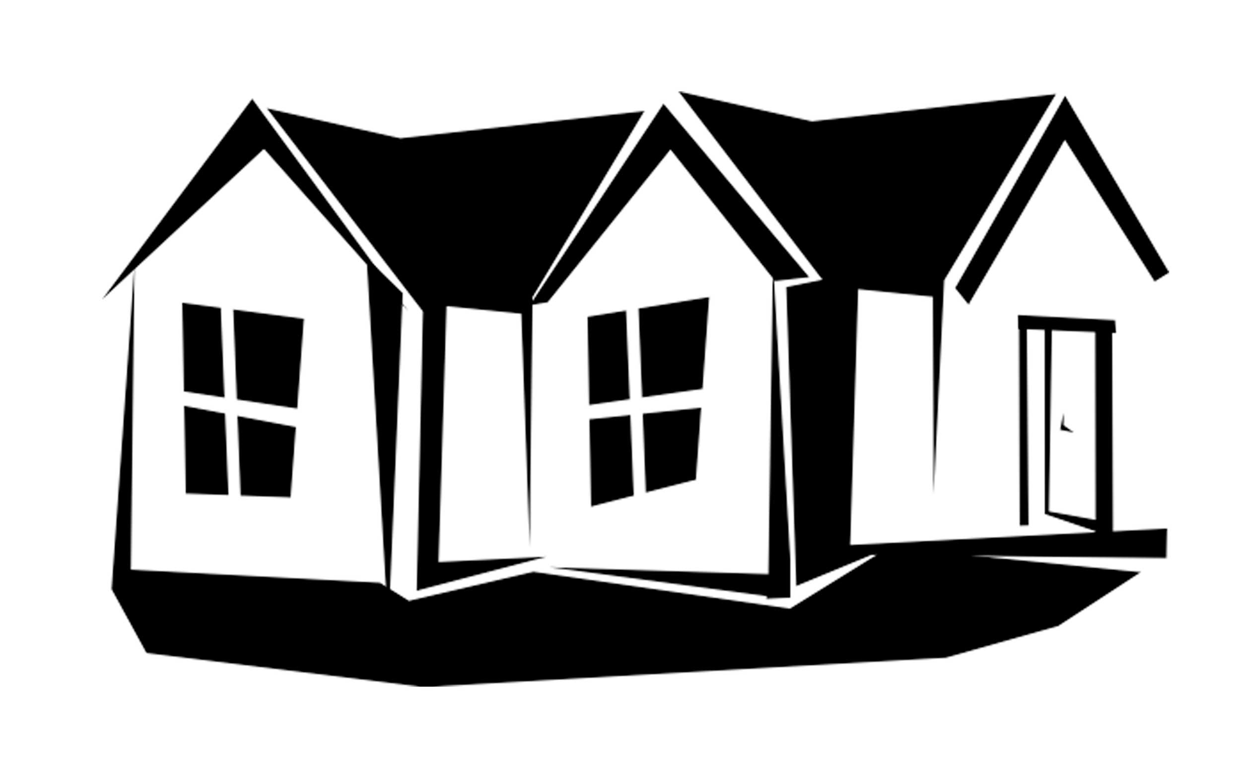 Stylized black-and-white graphic of a multi-sectioned house with three interconnected units, each featuring black gabled roofs and white walls. The left and middle sections have four-pane windows, while the right section includes an open black door. The design is bold and abstract with jagged, irregular lines.