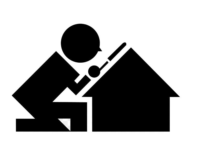 Minimalist black-and-white pictogram of a person crouching and using a stick-like tool with a circular tip to interact with the base of a simple house silhouette, symbolizing home inspection or maintenance.
